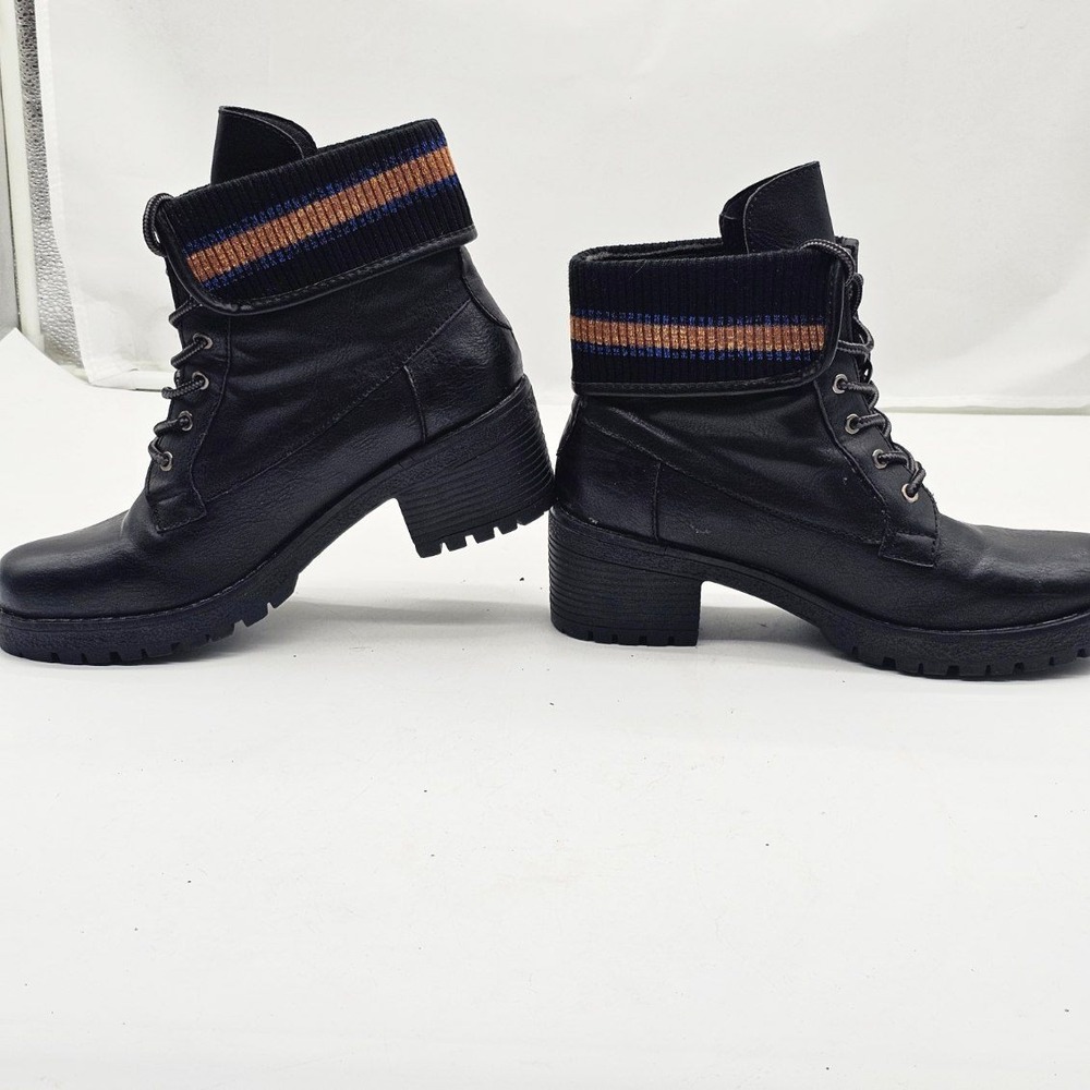 Rouge Combat Boots Women 8.5 Black Excellent Faux Leather Knit Cuff Lug Sole